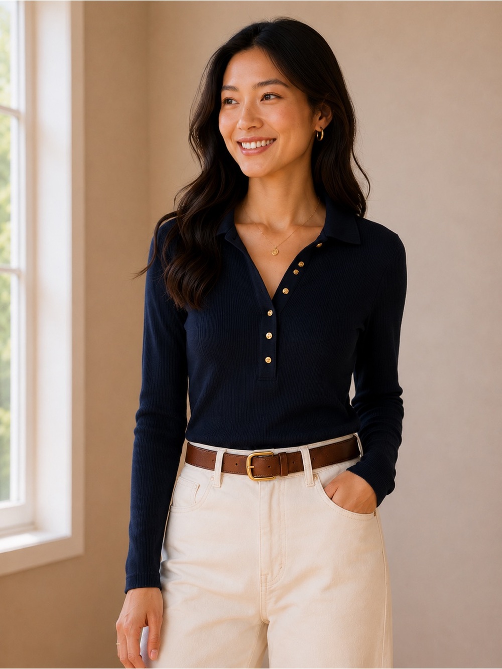 H&M Navy Long-Sleeve Polo with Gold Buttons